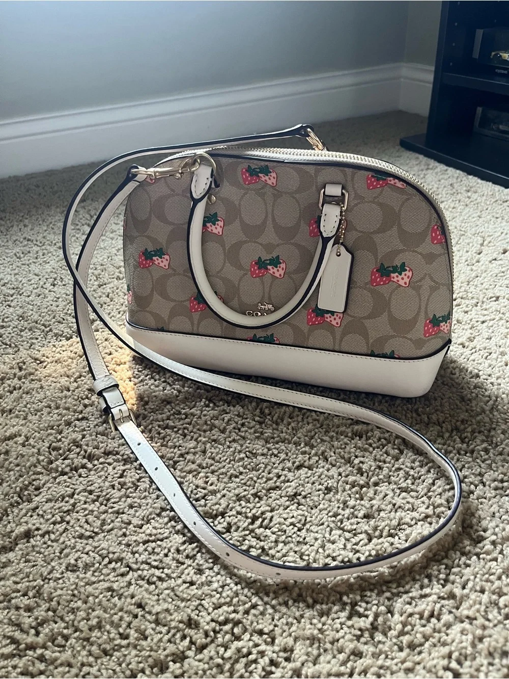 Coach Cream Signature Strawberry Mini Sierra Satchel with White Trim